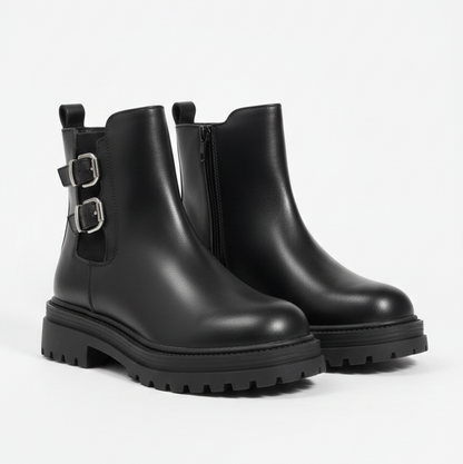 Girls’ Black Buckle Ankle Boots with Chunky Sole