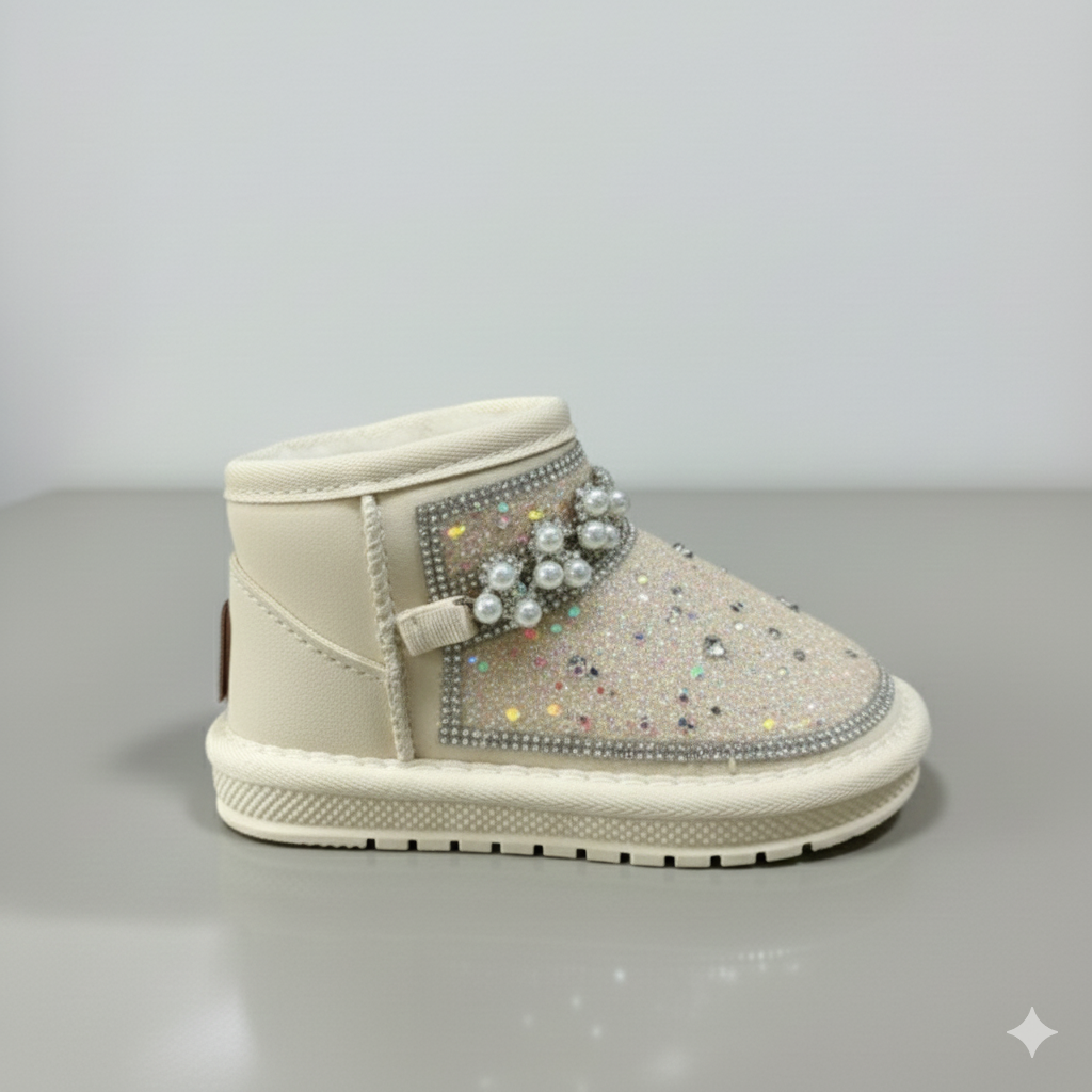 Bottes d'hiver à paillettes pour enfants avec perles – Chaussures montantes chaudes et antidérapantes doublées de fourrure pour filles,