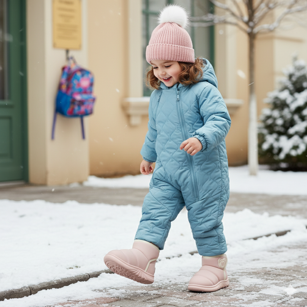 Bottes d'hiver pour filles : Douces et chaudes, antidérapantes, avec patch ours.
