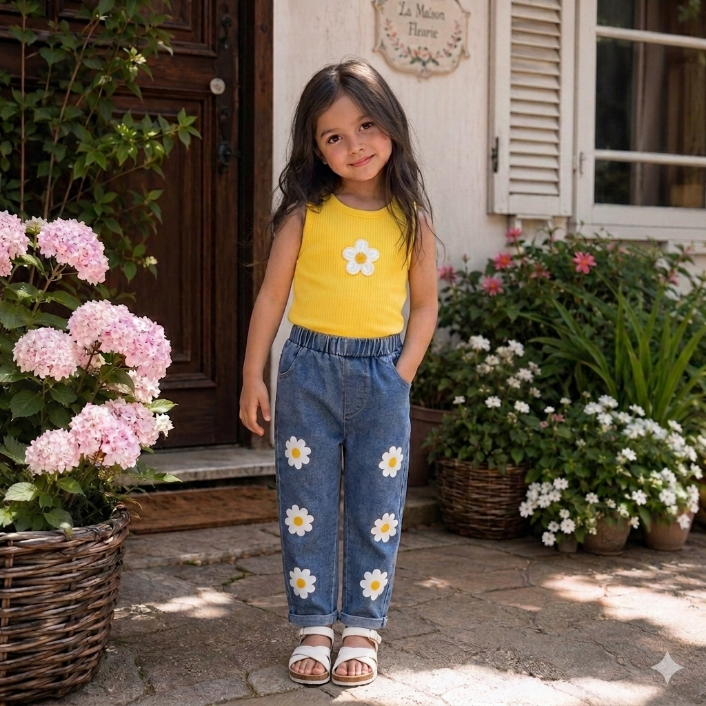 Sunny Daisy Girls Set – Sleeveless Top & Floral Denim Pants