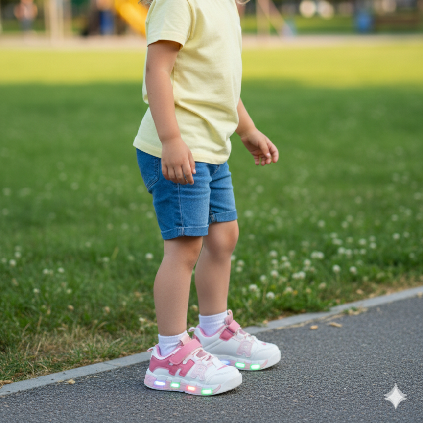 Kids LED light-up sneakers in four color options& with breathable mesh panels, hook-and-loop straps, and transparent soles that glow while walking.