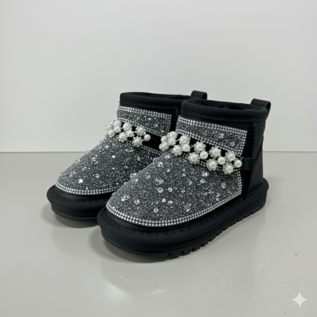 Bottes d'hiver à paillettes pour enfants avec perles – Chaussures montantes chaudes et antidérapantes doublées de fourrure pour filles,