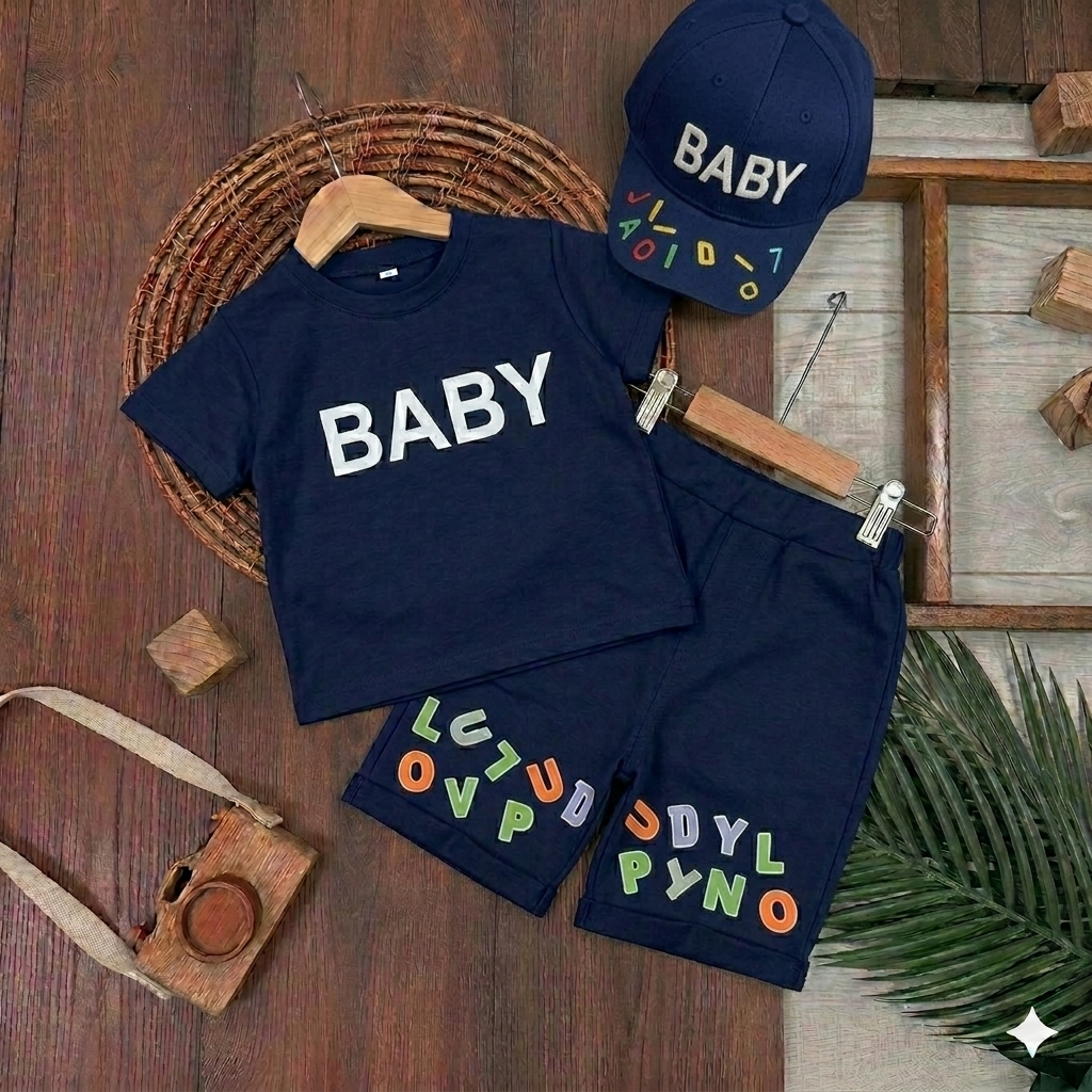 Ensemble d'été en coton « BABY » pour garçon avec casquette assortie – Disponible en bleu et beige