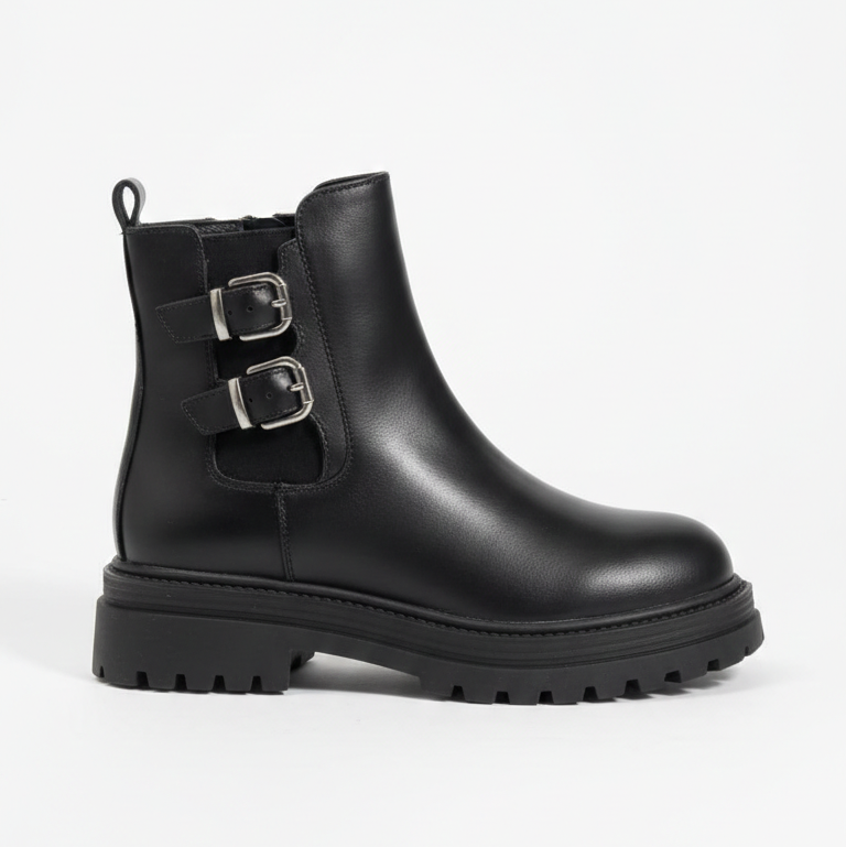 Girls’ Black Buckle Ankle Boots with Chunky Sole
