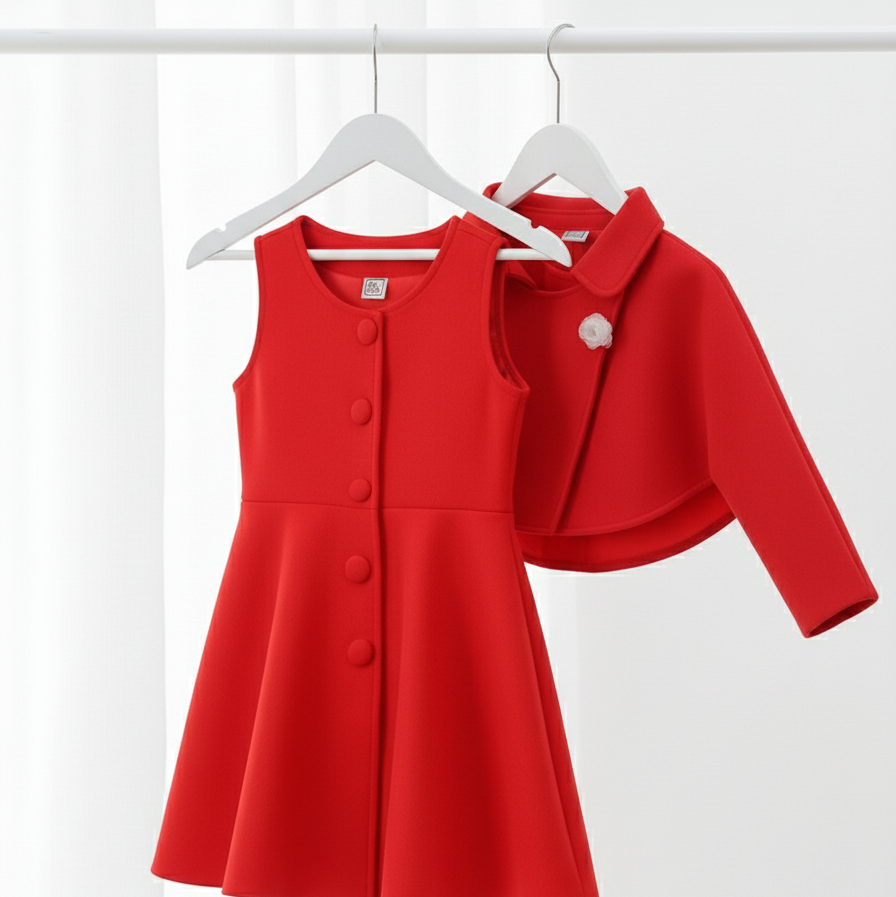 Ensemble robe rouge pour fille — Boléro chaud, boutons faciles à manipuler sur le devant