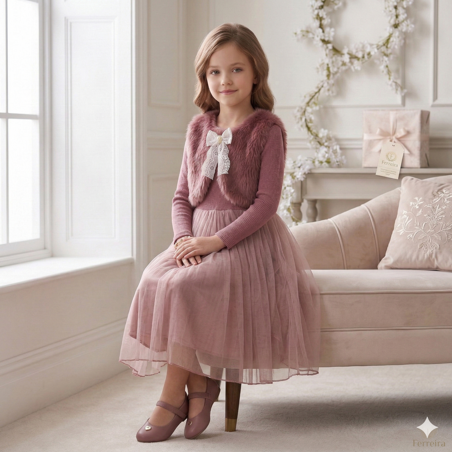 Ensemble 2 pièces pour fille : robe en tulle rose poudré enchanté et gilet en fausse fourrure