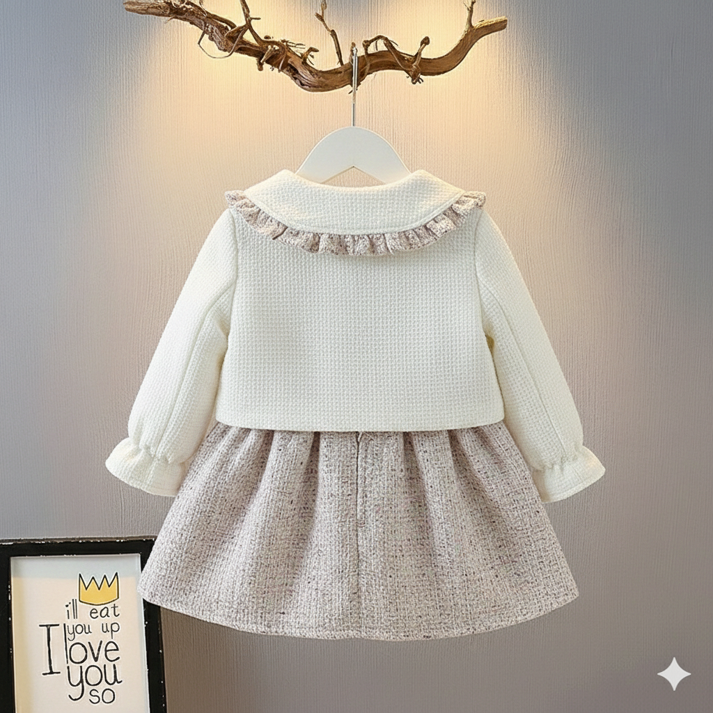 🌸 Ensemble d'hiver élégant pour fille – Manteau doux, robe à carreaux et mini sac 🌸