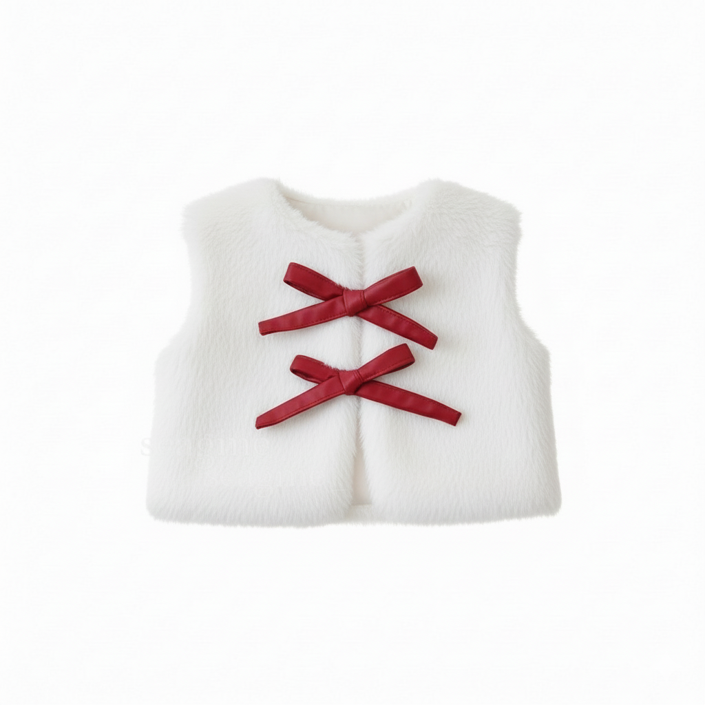 Girls Elegant Winter Outfit Set – Faux Fur Vest, Puff-Sleeve Top, Pleated Skirt & Matching Beret