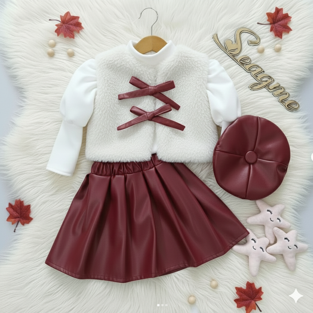 Girls Elegant Winter Outfit Set – Faux Fur Vest, Puff-Sleeve Top, Pleated Skirt & Matching Beret