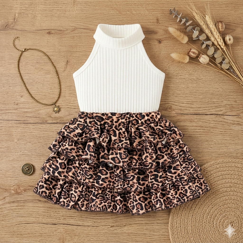 Vintage Leopard Print Kids Outfit – 3-Piece Sleeveless Cotton Set