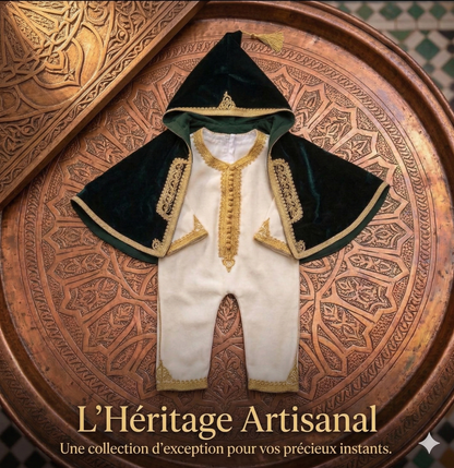 Tenue traditionnelle élégante pour bébé garçon avec cape en velours – Blanc et vert émeraude