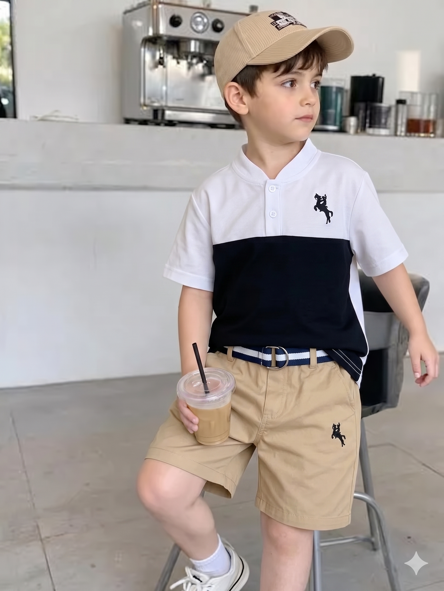 Ensemble élégant d'équitation deux pièces brodé pour garçon, pour le printemps et l'été, « sans ceinture »