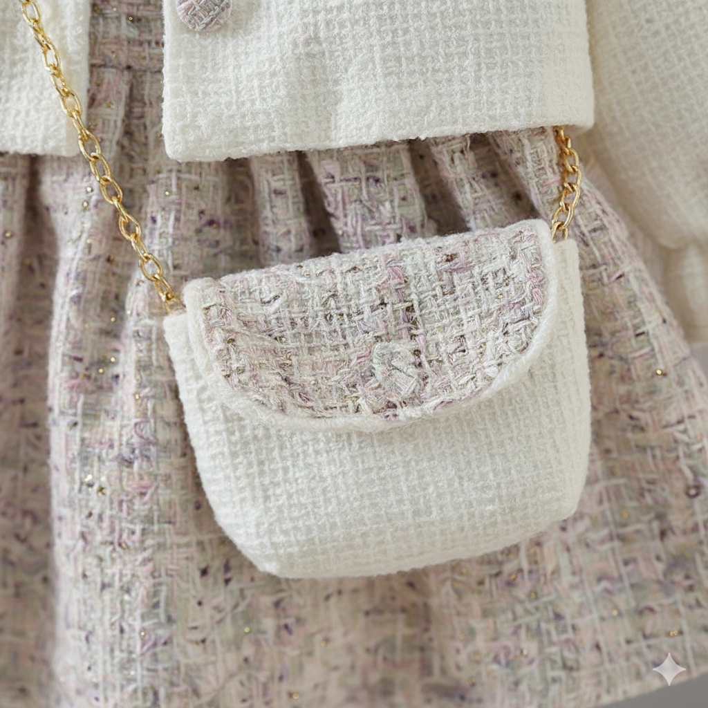 🌸 Ensemble d'hiver élégant pour fille – Manteau doux, robe à carreaux et mini sac 🌸