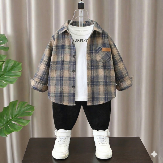Boys' 3-Piece Modern Plaid Flannel Shirt, SURFLO Graphic T-shirt, and Jogger Pants Outfit Set