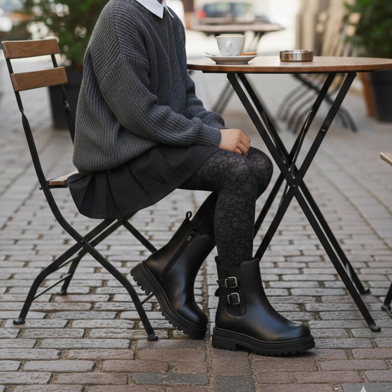 Girls’ Black Buckle Ankle Boots with Chunky Sole