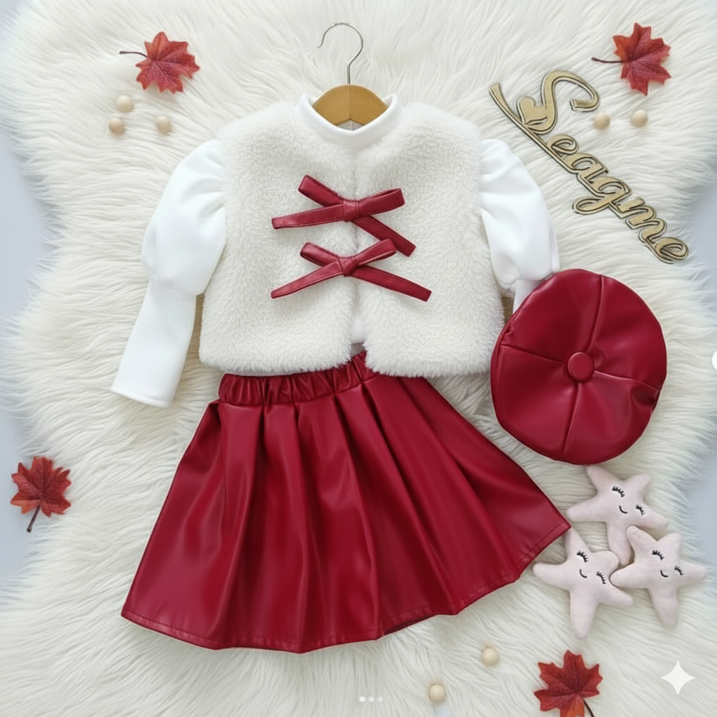 Girls Elegant Winter Outfit Set – Faux Fur Vest, Puff-Sleeve Top, Pleated Skirt & Matching Beret