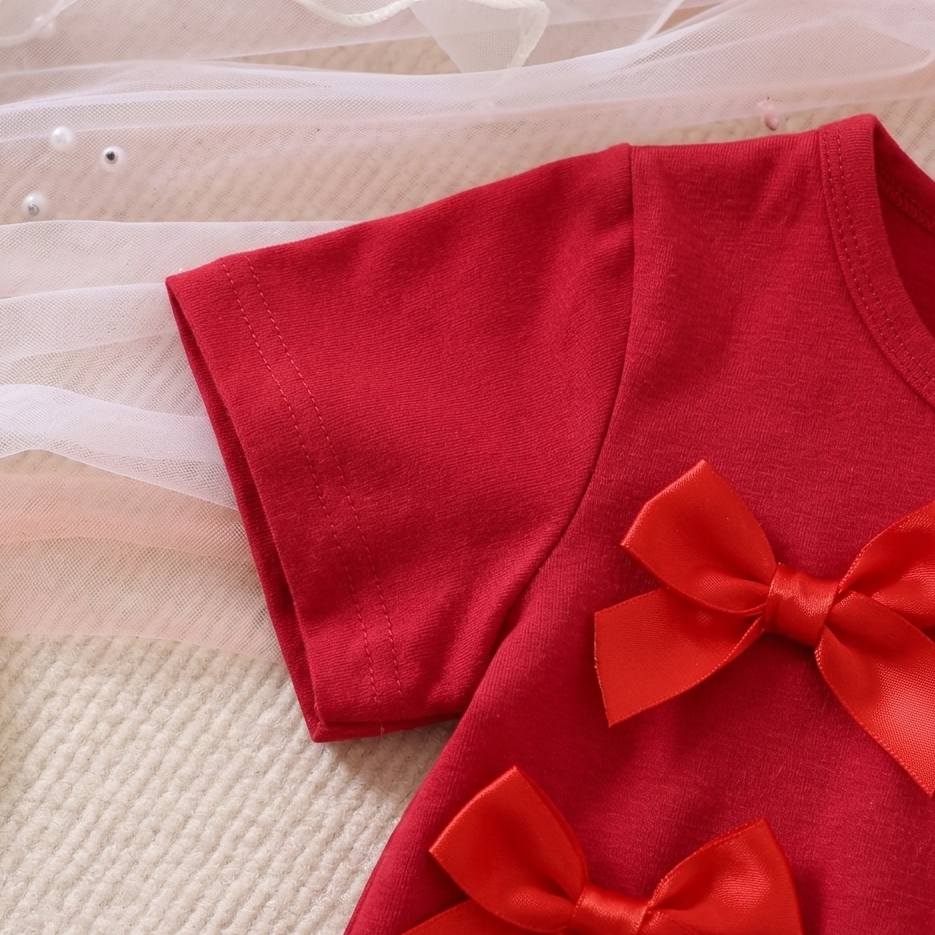 Ensemble élégant haut à nœud rouge et jean en denim pour petites filles – Tenue stylée pour enfant