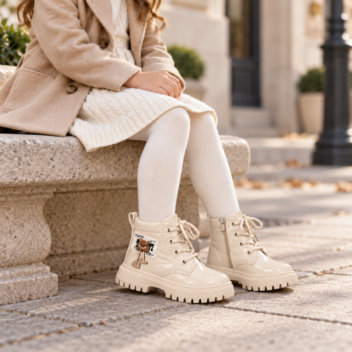 Bottines à lacets vernies pour fille avec semelles épaisses et détails d'ours mignons