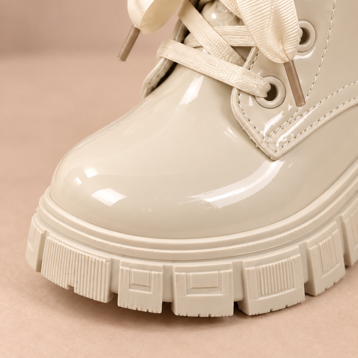 Kids’ Glossy Lace-Up Ankle Boots with Chunky Treaded Soles – Stylish Everyday Footwear in Black, Beige and Cream
