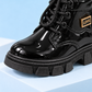 Girls’ Glossy Lace-Up Ankle Boots with Chunky Treaded Soles, Padded Collars and Elegant Gold-Tone “LOVE” Details for Stylish Everyday Outfits