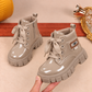 Kids’ Glossy Lace-Up Ankle Boots with Chunky Treaded Soles – Stylish Everyday Footwear in Black, Beige and Cream