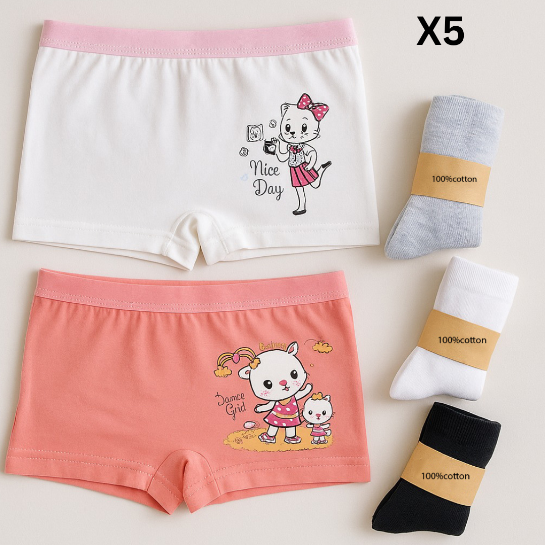 Girls’ Cotton Underwear Set – 2 Printed Shorts & 3 Colorful Socks