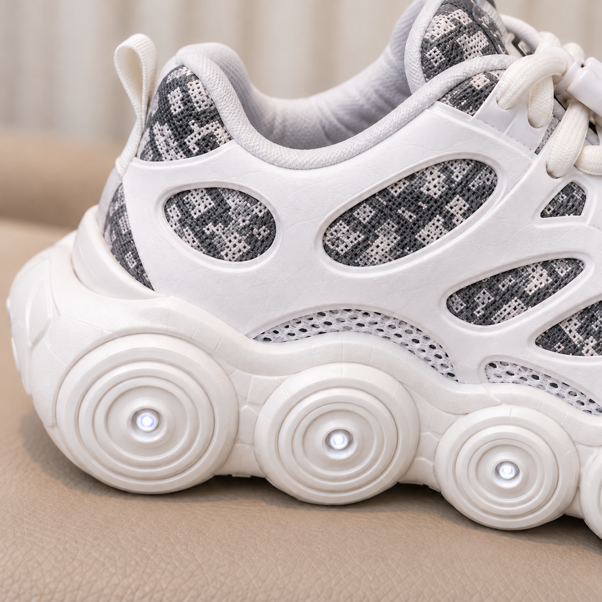 Baskets tendance à semelles épaisses pour enfants avec empiècements à motifs, laçage réglable et détails circulaires audacieux sur la semelle – Chaussures élégantes du quotidien pour filles et garçons