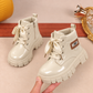 Kids’ Glossy Lace-Up Ankle Boots with Chunky Treaded Soles – Stylish Everyday Footwear in Black, Beige and Cream