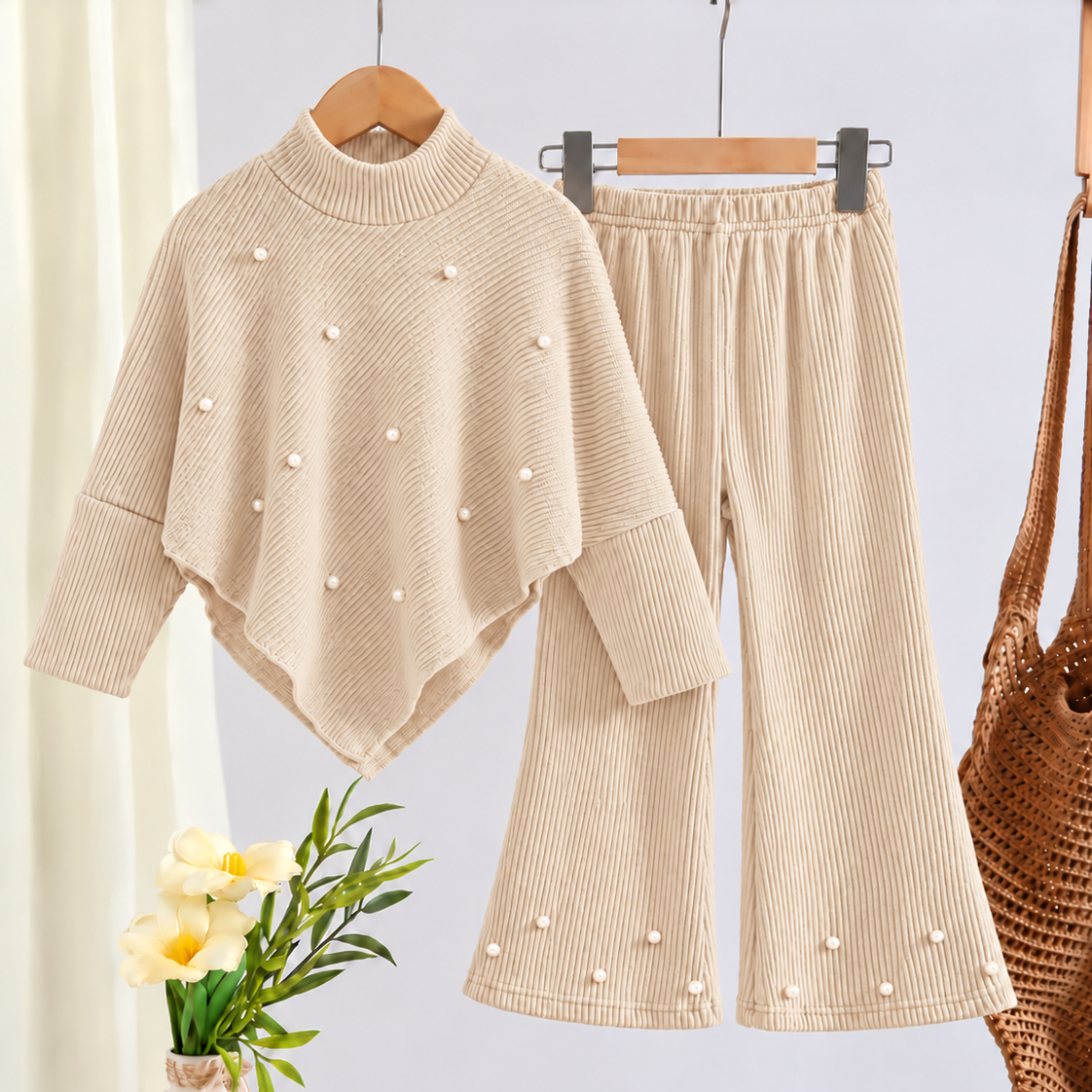 Ensemble deux pièces en maille côtelée élégant pour filles avec détails perlés – Tenue d'hiver chaude, douce et stylée