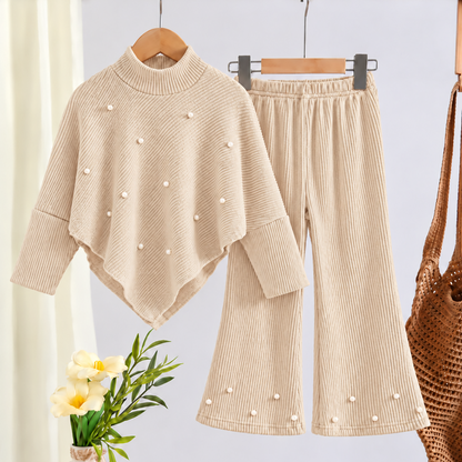 Ensemble deux pièces en maille côtelée élégant pour filles avec détails perlés – Tenue d'hiver chaude, douce et stylée