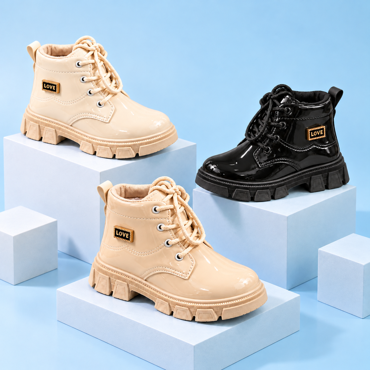 Girls’ Glossy Lace-Up Ankle Boots with Chunky Treaded Soles, Padded Collars and Elegant Gold-Tone “LOVE” Details for Stylish Everyday Outfits