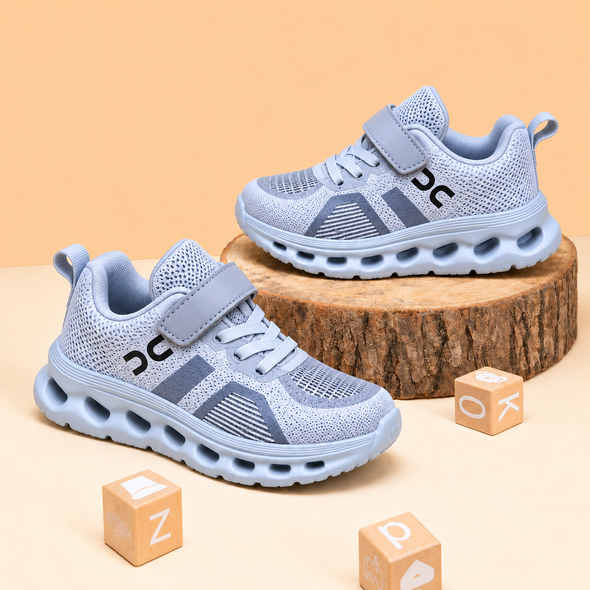 Baskets sport en mesh pour enfant avec bride réglable, détail à lacets et semelle sculptée – Chaussures décontractées pour tous les jours en noir, gris et bleu marine