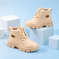 Girls’ Glossy Lace-Up Ankle Boots with Chunky Treaded Soles, Padded Collars and Elegant Gold-Tone “LOVE” Details for Stylish Everyday Outfits