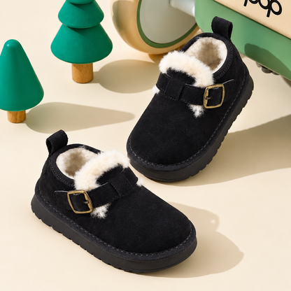 Kids’ Cozy Fleece-Lined Ankle Shoes with a Suede-Look Finish, Classic Buckle Detail and Chunky Sole for Charming Autumn and Winter Outfits