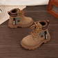 Bottines pour enfant à lacets sur le devant, fermeture éclair latérale, col rembourré et semelle épaisse – Élégantes bottines effet daim en noir, camel et kaki pour les tenues d’automne et d’hiver