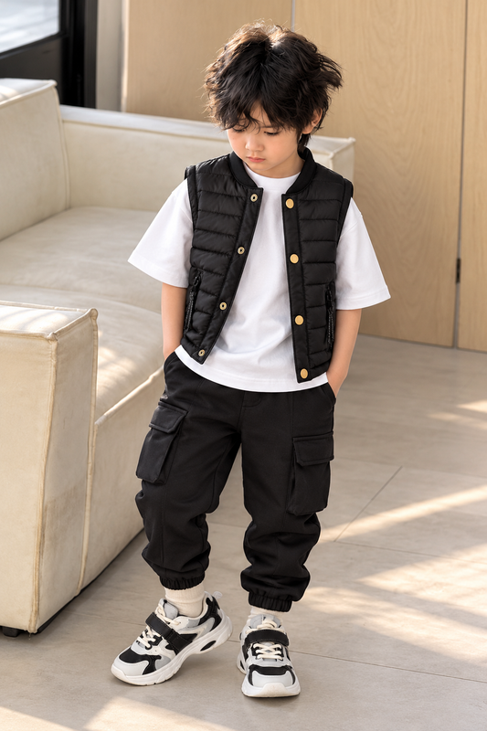 Kids’ Classic Black Quilted Puffer Vest – A Versatile Sleeveless Layer for Stylish School Outfits, Weekend Adventures and Cooler Days