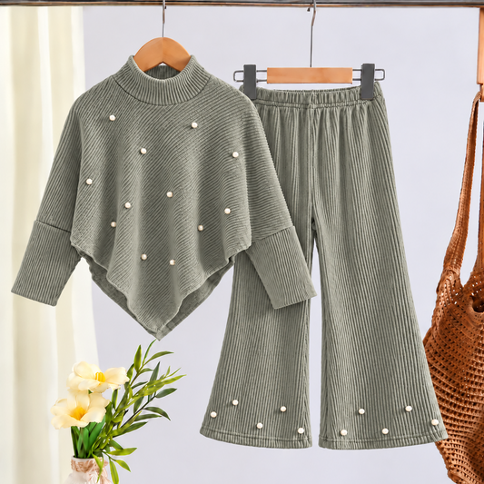 Ensemble deux pièces en maille côtelée élégant pour filles avec détails perlés – Tenue d'hiver chaude, douce et stylée