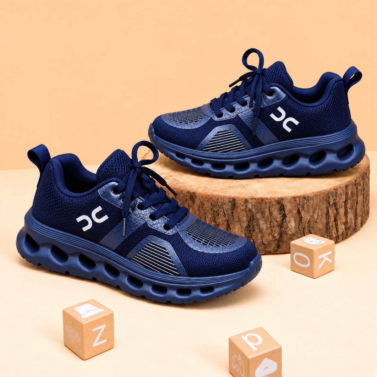Baskets sport en mesh pour enfant avec bride réglable, détail à lacets et semelle sculptée – Chaussures décontractées pour tous les jours en noir, gris et bleu marine