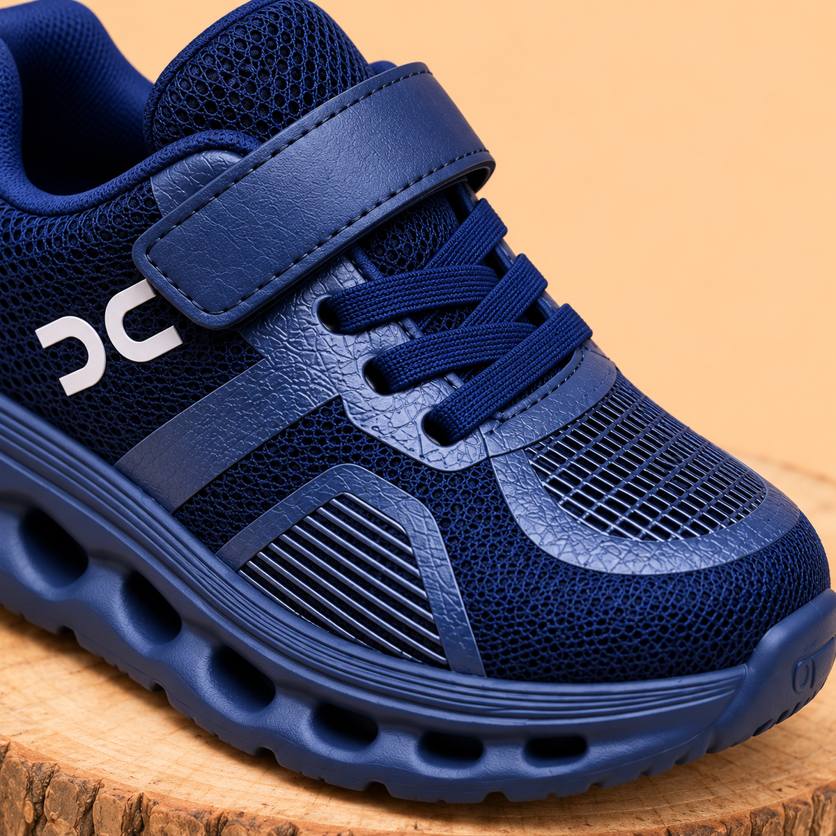 Baskets sport en mesh pour enfant avec bride réglable, détail à lacets et semelle sculptée – Chaussures décontractées pour tous les jours en noir, gris et bleu marine