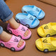 Slippers with a soft, non-slip sole for young children in a cartoon car design with LED lighting