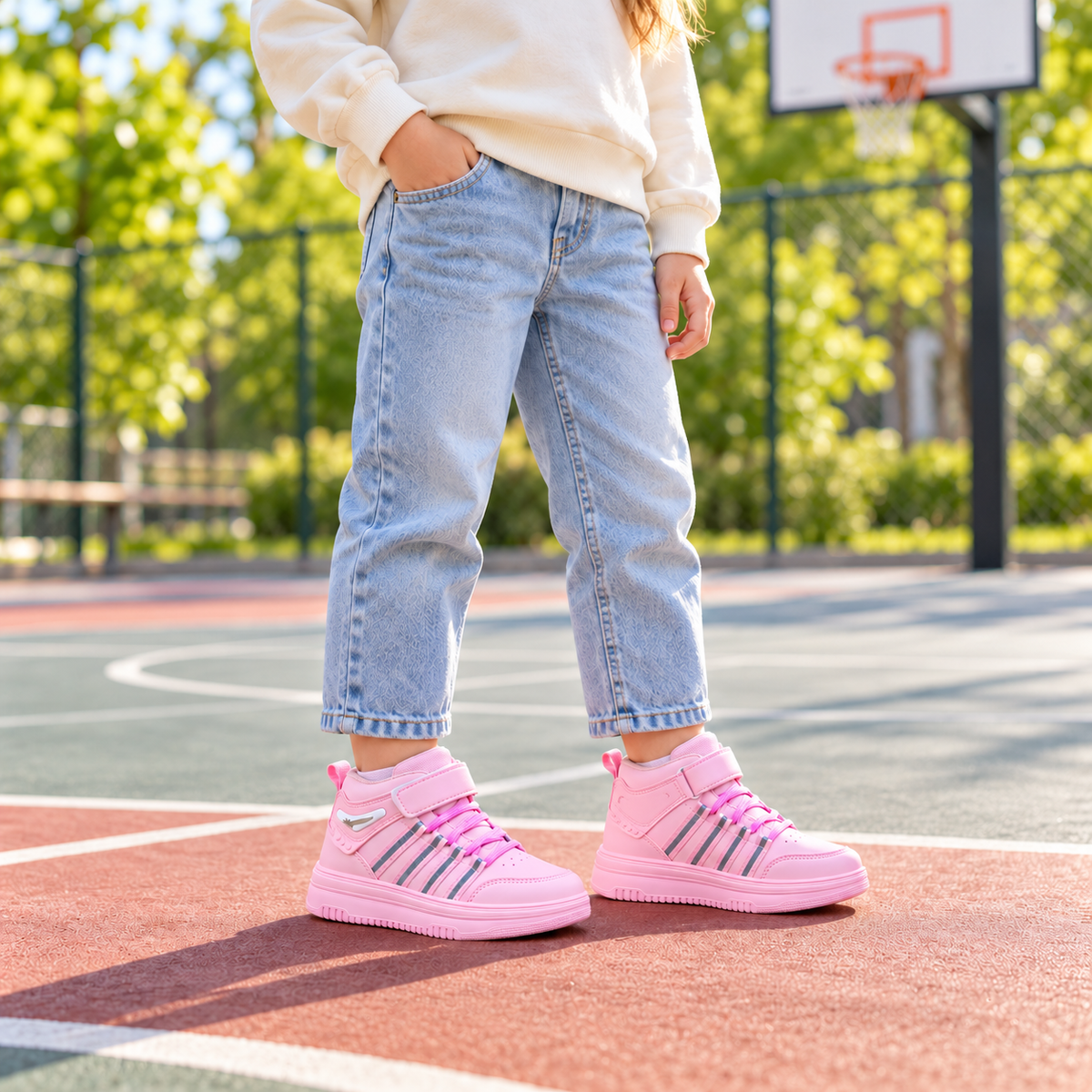 Baskets montantes sportives pour enfant avec bride de cheville réglable, col rembourré et élégants détails à rayures – Chaussures de tous les jours en noir, rose et beige