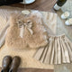 Girls Clothes Set Autumn Winter children Fashion Woolen Sweater Coat Knitted Tops +  Long Sleeve Top+Velvet Pleated Leather Skirt Fashion