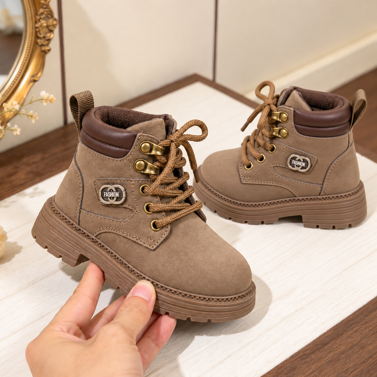 Bottines à lacets pour enfant avec cols rembourrés, semelles épaisses et style outdoor classique – Disponibles en noir, camel et taupe