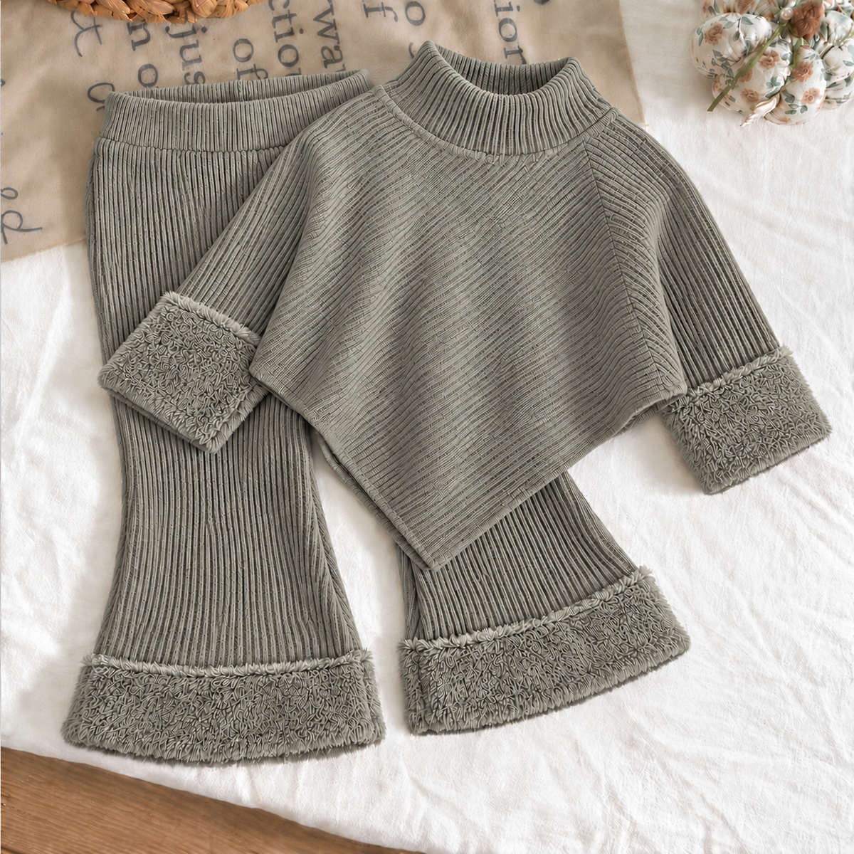 Ensemble d’hiver douillet en maille côtelée pour filles – Pull doux à col montant & pantalon évasé avec bordure en fausse fourrure pelucheuse