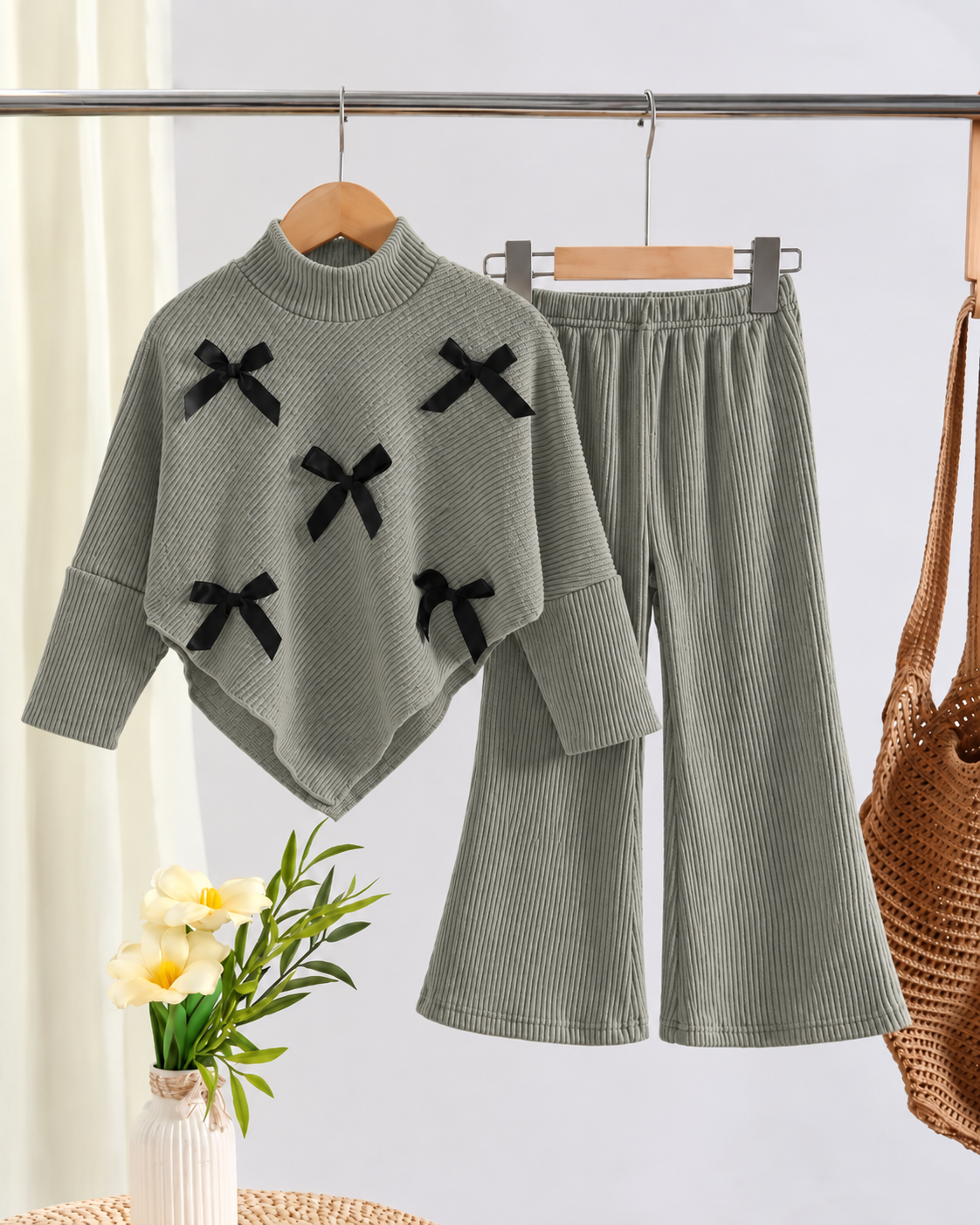 Girls’ Warm and Cozy Lined Two-Piece Winter Set with Bow-Detail High-Neck Top and Comfortable Wide-Leg Pants (Copy)