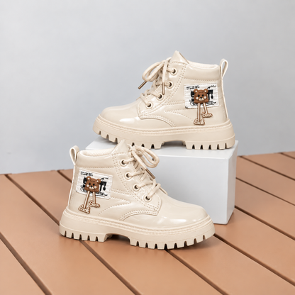 Bottines à lacets vernies pour fille avec semelles épaisses et détails d'ours mignons