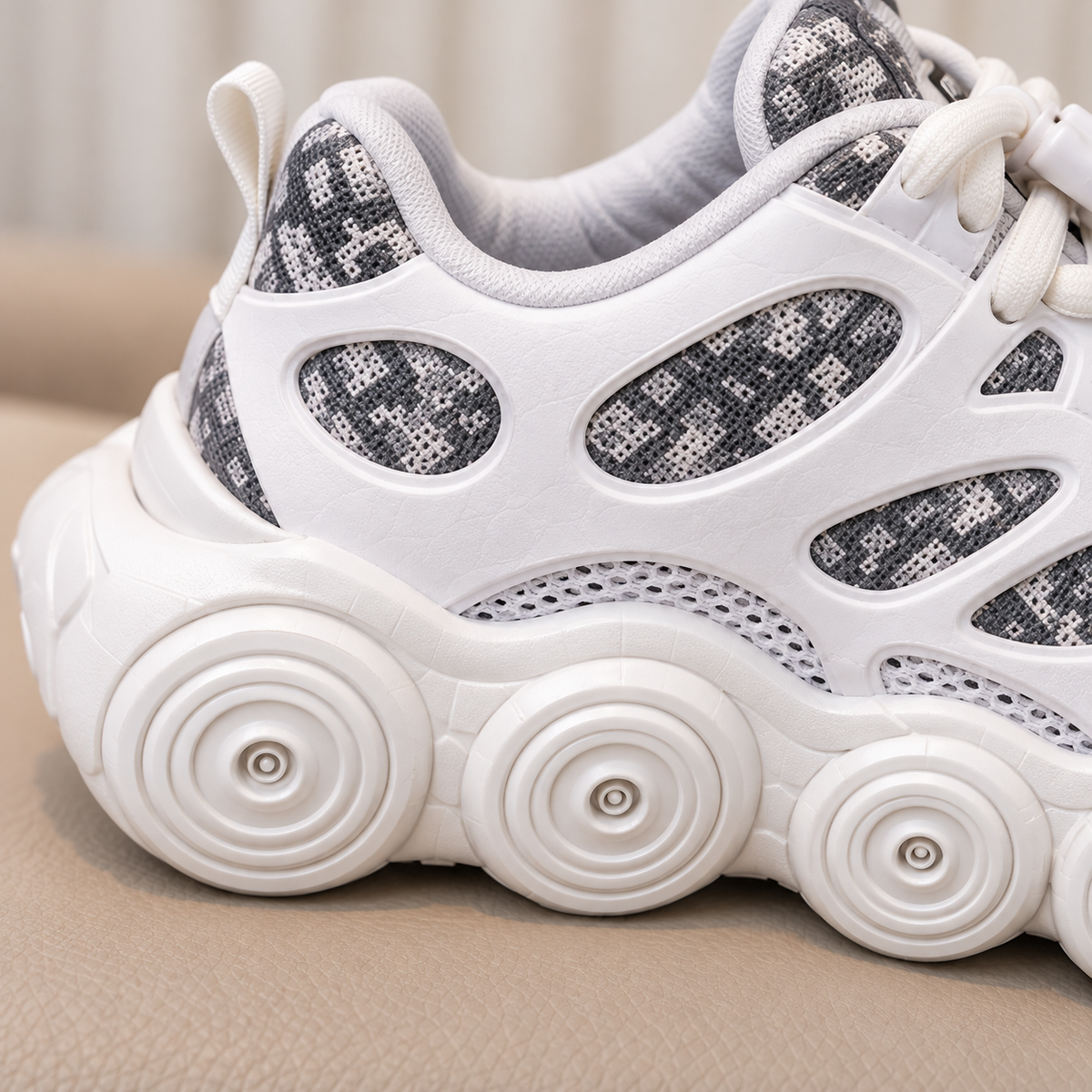 Kids’ Trendy Chunky Sneakers with Patterned Panels, Adjustable Lace-Up Fastening and Bold Circular Sole Details – Stylish Everyday Shoes for Boys and Girls