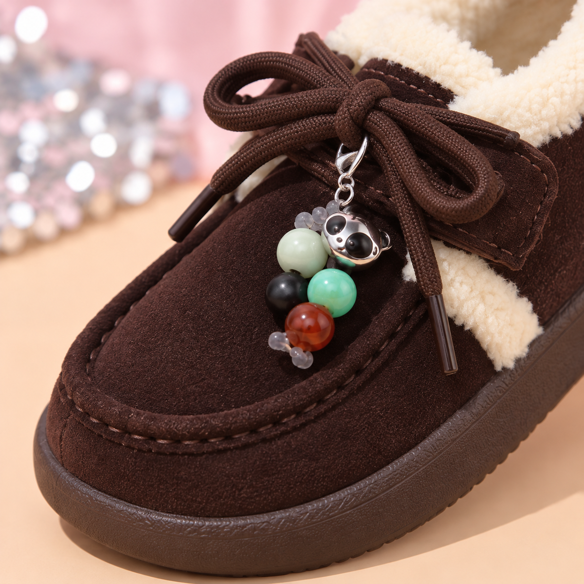 Little Charm Kids’ Moccasin Shoes with Cozy Fleece Trim, Bow Laces and Colorful Bead Details – A Charming Style for Autumn and Winter