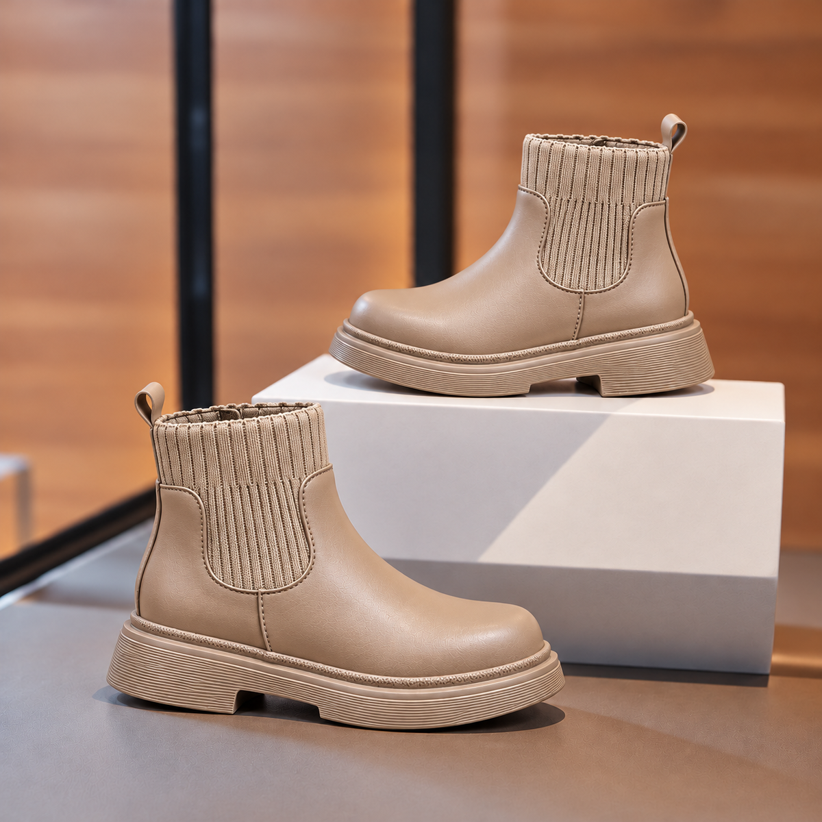 Kids’ Classic Chelsea Ankle Boots with Ribbed Knit Cuffs & Chunky Soles