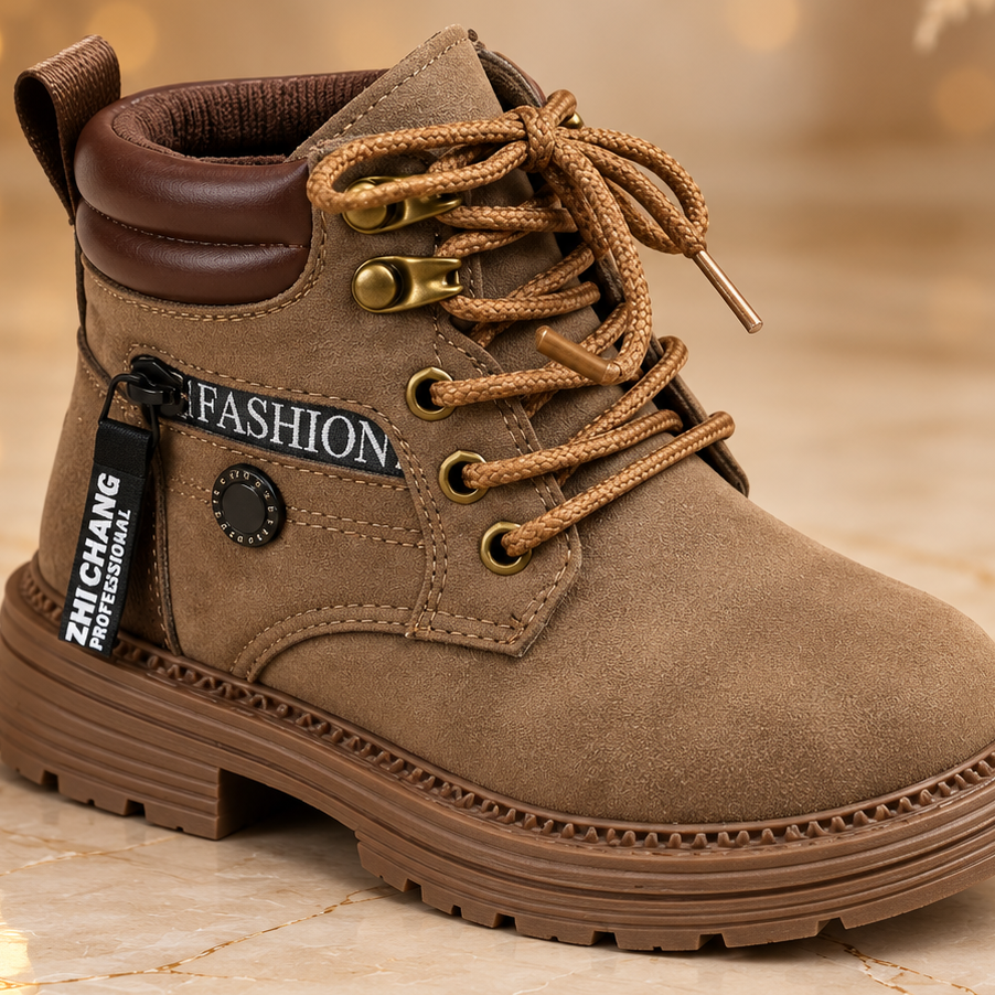 Bottines pour enfant à lacets sur le devant, fermeture éclair latérale, col rembourré et semelle épaisse – Élégantes bottines effet daim en noir, camel et kaki pour les tenues d’automne et d’hiver